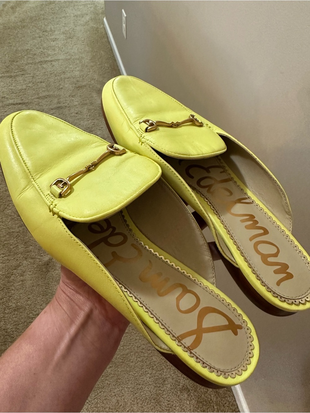 Sam Edelman Lemon Yellow Leather Slip-On Mules with Gold Bit